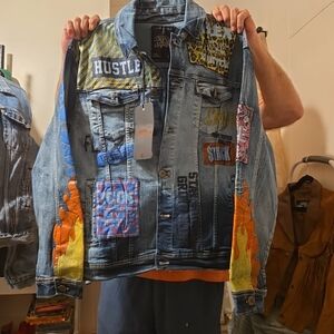 Copper Rivet Graffiti Denim Jacket Men L Black Icon Streetwear